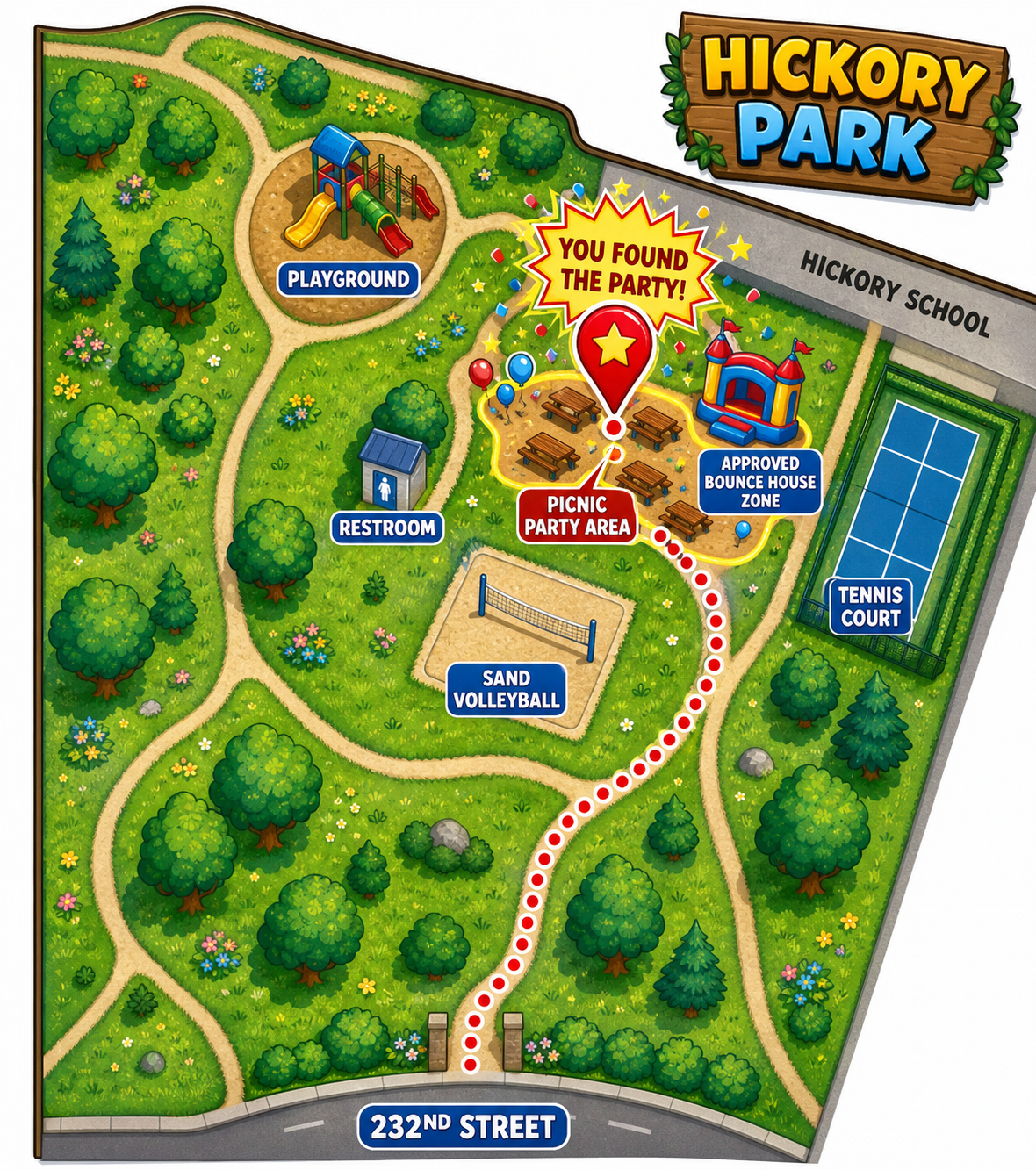Illustrated map of Hickory Park showing a dotted path from 232nd Street to Madison's picnic party area and the approved bounce-house zone